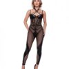Flirty Fetish Fishnet & Faux Leather Catsuit W/satin Trim Black Xl
