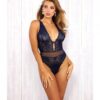 Stylish Stretch Lace & Point D'esprit Mesh Teddy Navy Xl