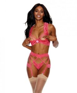Lace Underwire Peek A Boo Bra, Garterbelt & G-string Coral Xl