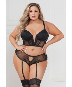 Stretch Lace Cropped Bustier & Cheeky Panty Black 1x/2x