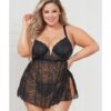 Stretch Lace Babydoll W/underwire Cups & G-string Black 3x/4x