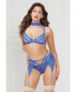 Demi Bra W/removable Collar, Garter Belt & Thong Blue Sm