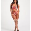 Sheer Stretch Mesh W/floral Contrast Embroidery Bustier, Garter Belt & Thong Red/nude Lg
