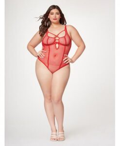 Fishnet Strappy High Cut Leg Teddy Red 1x/2x