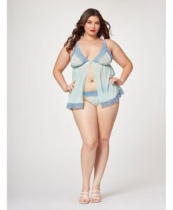 Lace & Mesh Triangle Cup Babydoll & Thong Blue 1x/2x