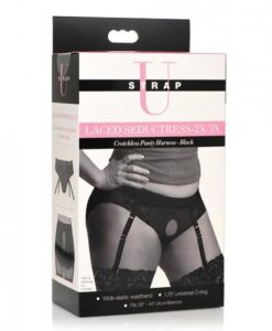 Strap U Laced Seductress Lace Crotchless Panty Harness W/garter Straps - 2xl/3xl Black