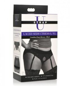 Strap U Laced Seductress Lace Crotchless Panty Harness W/garter Straps - L/xl Black