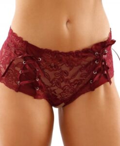 Magnolia Crotchless Lace Boyshort With Lace-up Panel Details Garnet S/m