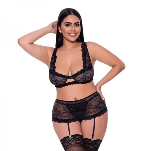 Magic Silk Ooh La Lace Bralette, Garter Skirt & G-string Set Black Queen