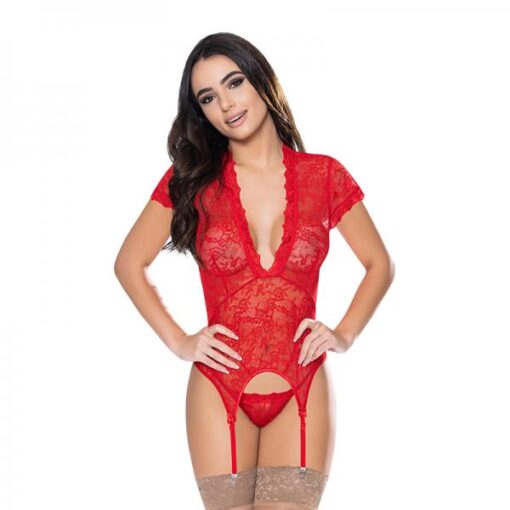 Magic Silk Ooh La Lace Cap Sleeve Basque & Tanga Set Red S/m