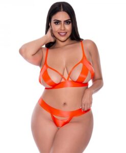 Magic Silk Strap Tease Bra & Crotchless Panty Set Orange Queen