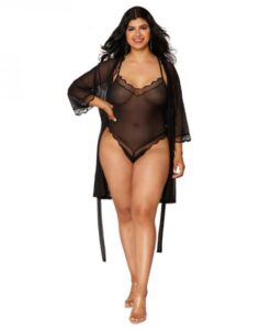 Dreamgirl Mesh Robe & Strappy Back Teddy With Lace Trim Black 1xl Hanging