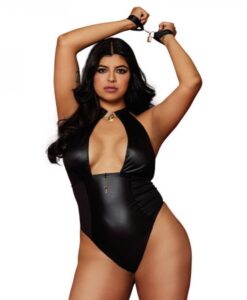 Dreamgirl Wetlook Corseted Back Halter-neck Thong Teddy With Wrist Restraints Black Queen Size