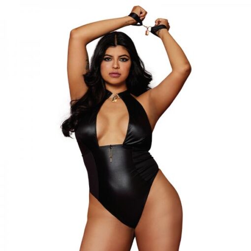Dreamgirl Wetlook Corseted Back Halter-neck Thong Teddy With Wrist Restraints Black Queen Size