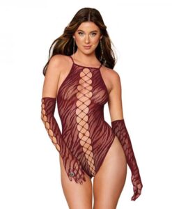 Dreamgirl Animal Print Fishnet High-neck Teddy & Gloves Set Burgundy O/s