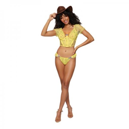 Dreamgirl Embroidered Eyelet Band And Stretch Fishnet Bustier And G-string Set Citrus S