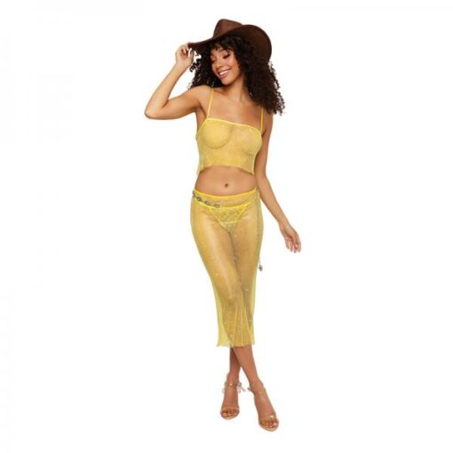 Dreamgirl Iridescent Rhinestone Embellished Fishnet Camisole And G-string Set Citrus M