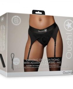 Shots Ouch! Vibrating Strap-on Thong With Adjustable Garters Black M/l