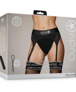 Shots Ouch! Vibrating Strap-on Thong With Adjustable Garters Black Xs/s
