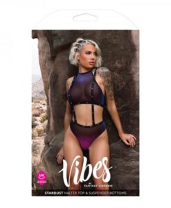 Fantasy Lingerie Vibes Stardust Iridescent Halter Top & Suspender Bottoms With Uv Reactive Star Prin