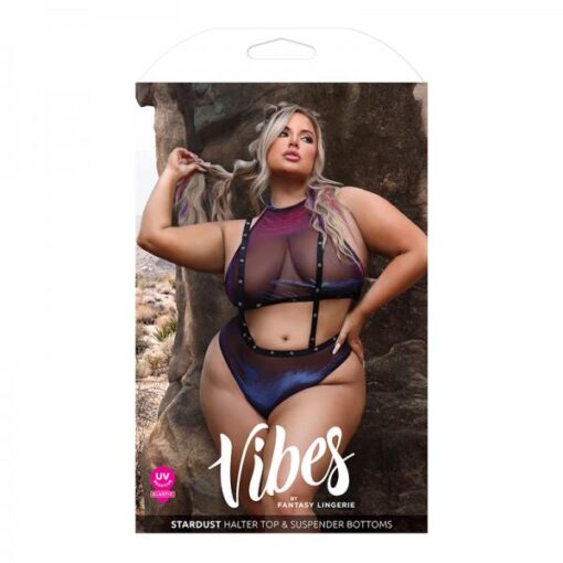 Fantasy Lingerie Vibes Stardust Iridescent Halter Top & Suspender Bottoms With Uv Reactive Star Prin