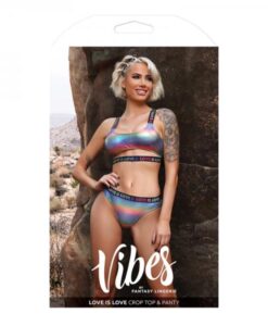 Fantasy Lingerie Vibes Love Is Love Underboob Cut Out Top & Cheeky Panty Rainbow Holo L/xl