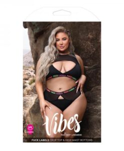 Fantasy Lingerie Vibes Fuck Labels Keyhole Top & High Waist Bottoms With Uv Reactive Elastic Black Q