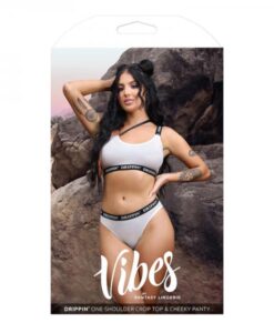 Fantasy Lingerie Vibes Drippin' Iridescent Strappy One-shoulder Top & Cheeky Panty Pearl White L/xl