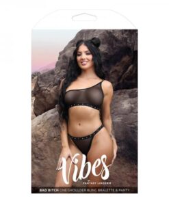 Fantasy Lingerie Vibes Bad Bitch One-shoulder Bling Bralette & Bikini Panty Black S/m