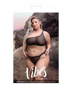 Fantasy Lingerie Vibes Bad Bitch One-shoulder Bling Bralette & Bikini Panty With Rhinestone Letterin