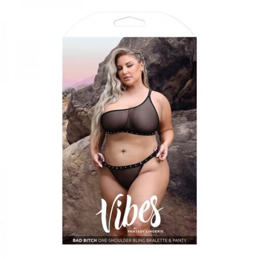 Fantasy Lingerie Vibes Bad Bitch One-shoulder Bling Bralette & Bikini Panty With Rhinestone Letterin