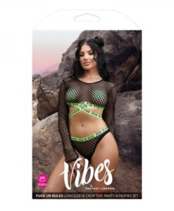 Fantasy Lingerie Vibes Fuck Ur Rules Long Sleeve Fishnet Top & Panty With Uv Reactive Elastic And 1