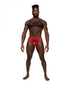 Male Power Sassy Lace Bikini Solid Pouch Red Xl