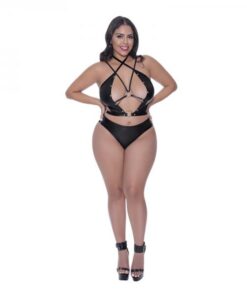 Lust Fetish Delia Strappy Bustier & Tanga Panty Black Queen Size