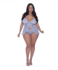 Magic Silk Ooh La Lace Babydoll & Split Crotch Panty Set Periwinkle Queen Size