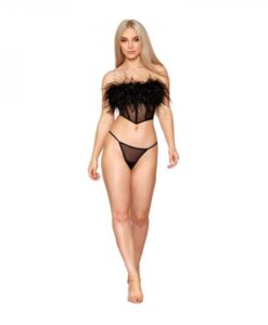 Dreamgirl Stretch Mesh Bustier With Removable Feather Trim And G-string Set Black S