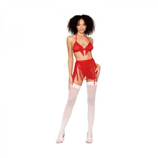 Dreamgirl Chainette Fringe Bralette, Garter Belt, And G-string Set Ruby O/s