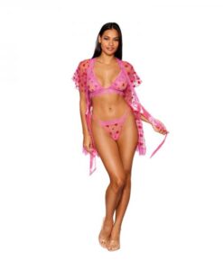 Dreamgirl Flocked Heart Mesh And Eyelash Lace Robe, Bralette, And G-string Set Peony M