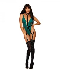 Dreamgirl Stretch Lace Teddy And Elastic Garter Belt Harness Set Peacock/black O/s