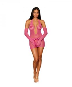 Dreamgirl Metallic Fishnet Seamless Chemise And Matching Glove Restraints Set Peony O/s