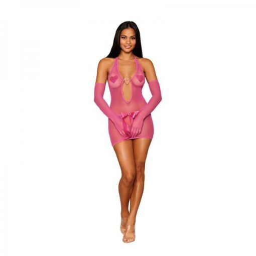 Dreamgirl Metallic Fishnet Seamless Chemise And Matching Glove Restraints Set Peony O/s
