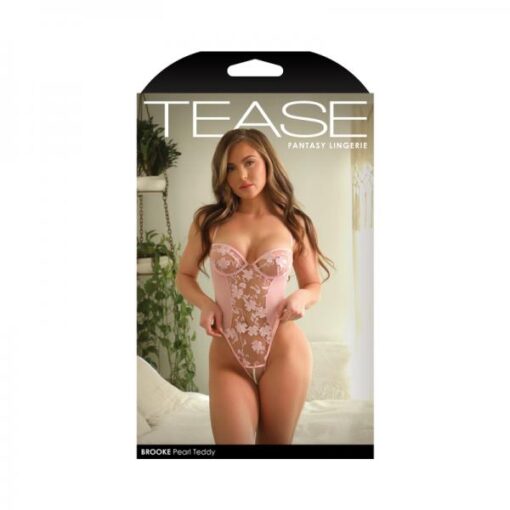 Fantasy Lingerie Tease Brooke Embroidered Crotchless Pearl Teddy Light Pink S/m