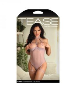 Fantasy Lingerie Tease Ronnie Caged Shelf Cup Teddy With Snap Closure & Leg Garters Pale Mauve L/xl