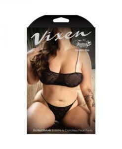 Fantasy Lingerie Vixen Do Not Disturb Pearl Bralette & Crotchless Pearl Thong Black Queen Size