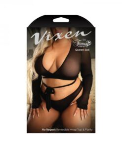Fantasy Lingerie Vixen No Regrets Reversible Longsleeve Wrap Top & Thong Panty Black Queen Size