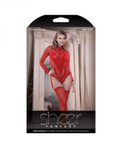 Fantasy Lingerie Sheer Infatuation Open Back Longsleeve Teddy Bodystocking Red O/s