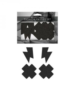 Fantasy Lingerie Black Glitter 2-pair Pasties Set Lightning Bolt & Cross Shapes O/s