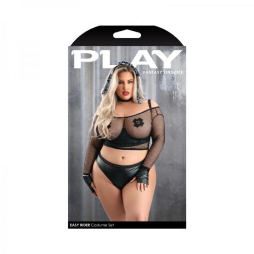 Fantasy Lingerie Play Easy Rider Open Cup Bra, Long Sleeve Fishnet Top, Panty, Choker, Gloves, Banda