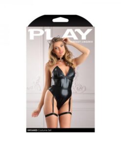 Fantasy Lingerie Play Untamed Structured Wetlook Teddy With Snap Closure, Removable Leg Garters & He