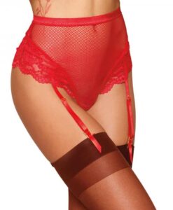 Dreamgirl High-waisted Fishnet And Lace Garter Thong With Satin Ribbon Back Tie Ruby Xl